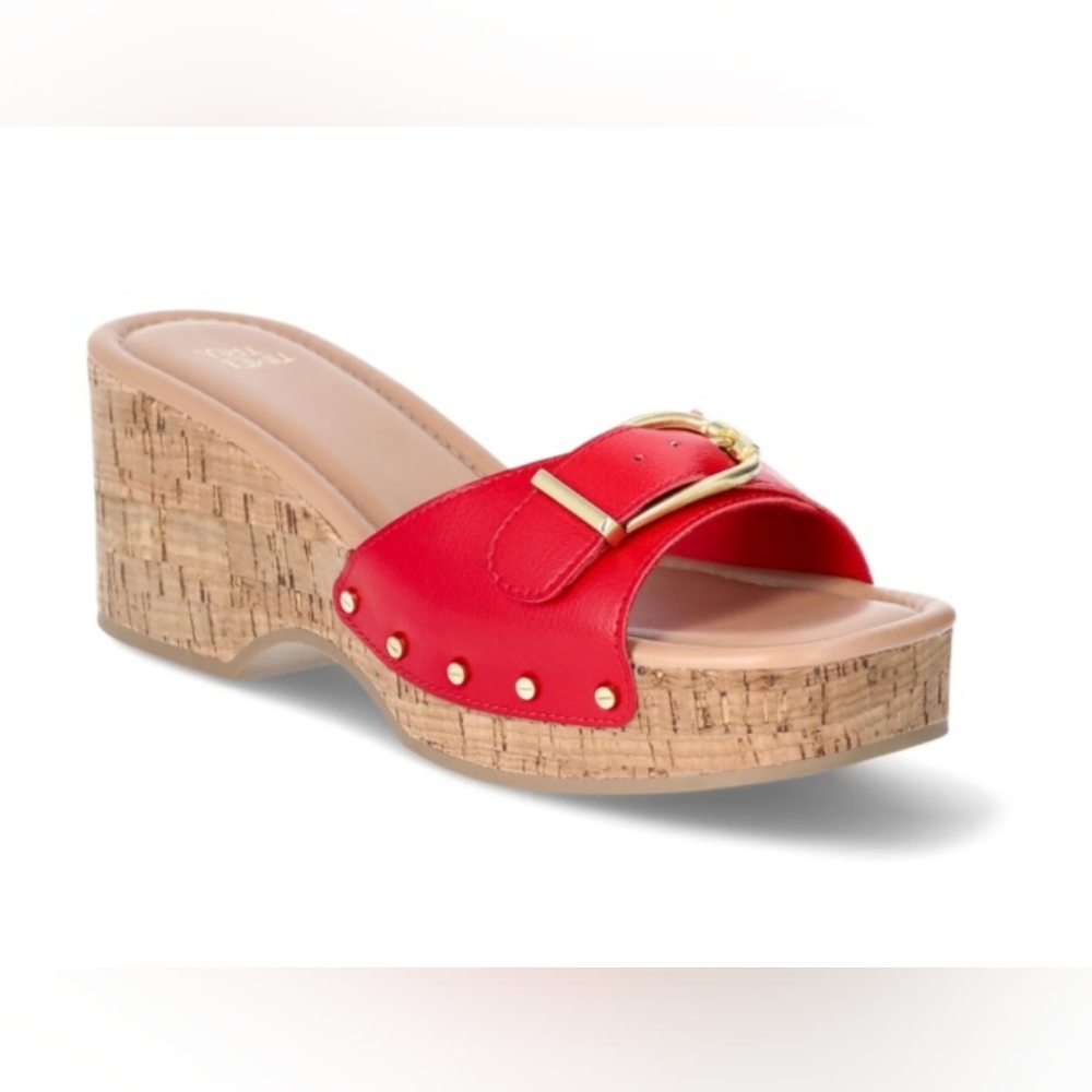 Time and Tru Women's Red Buckle Cork Platform Sandal - Picture 7 of 11